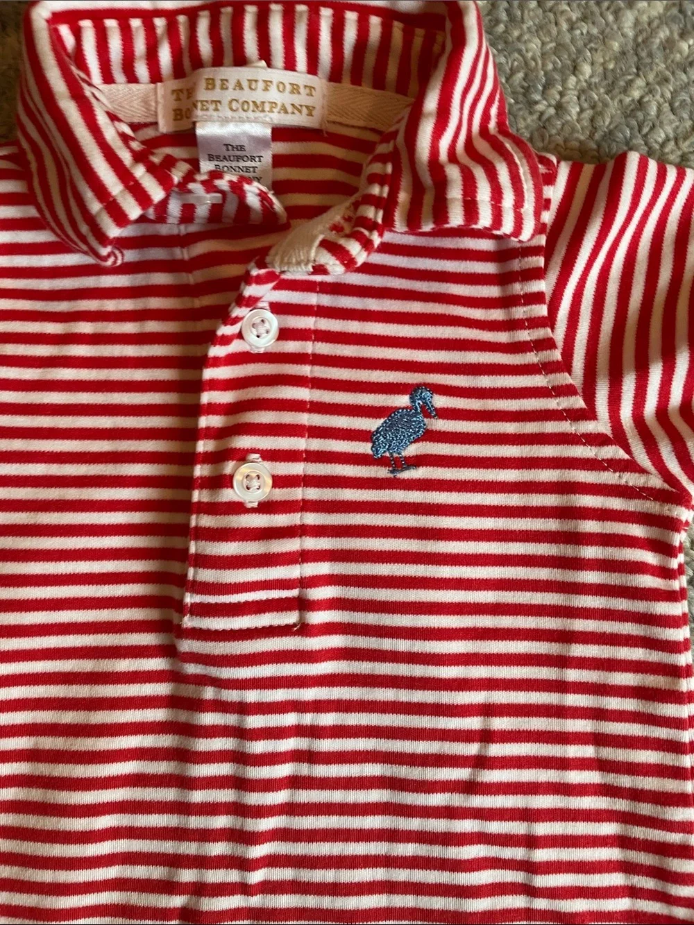 The Beaufort Bonnet Company Red and White Striped Polo Onesie Prim and Proper